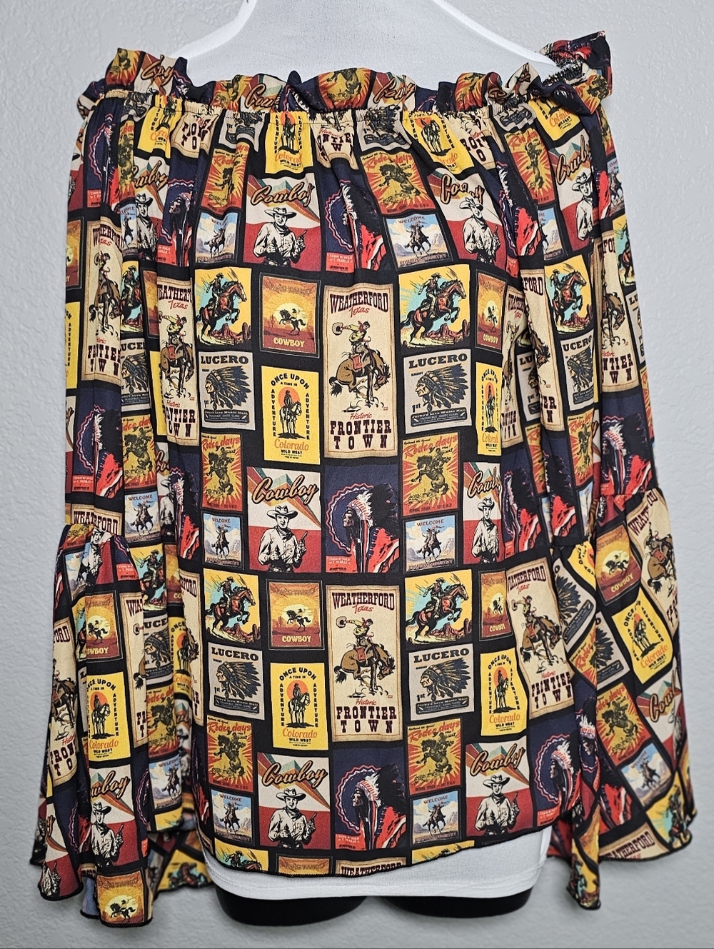 Lucky & Blessed Western Cowboy Print Tunic Top Small Boho Frontier Bell Sleeve